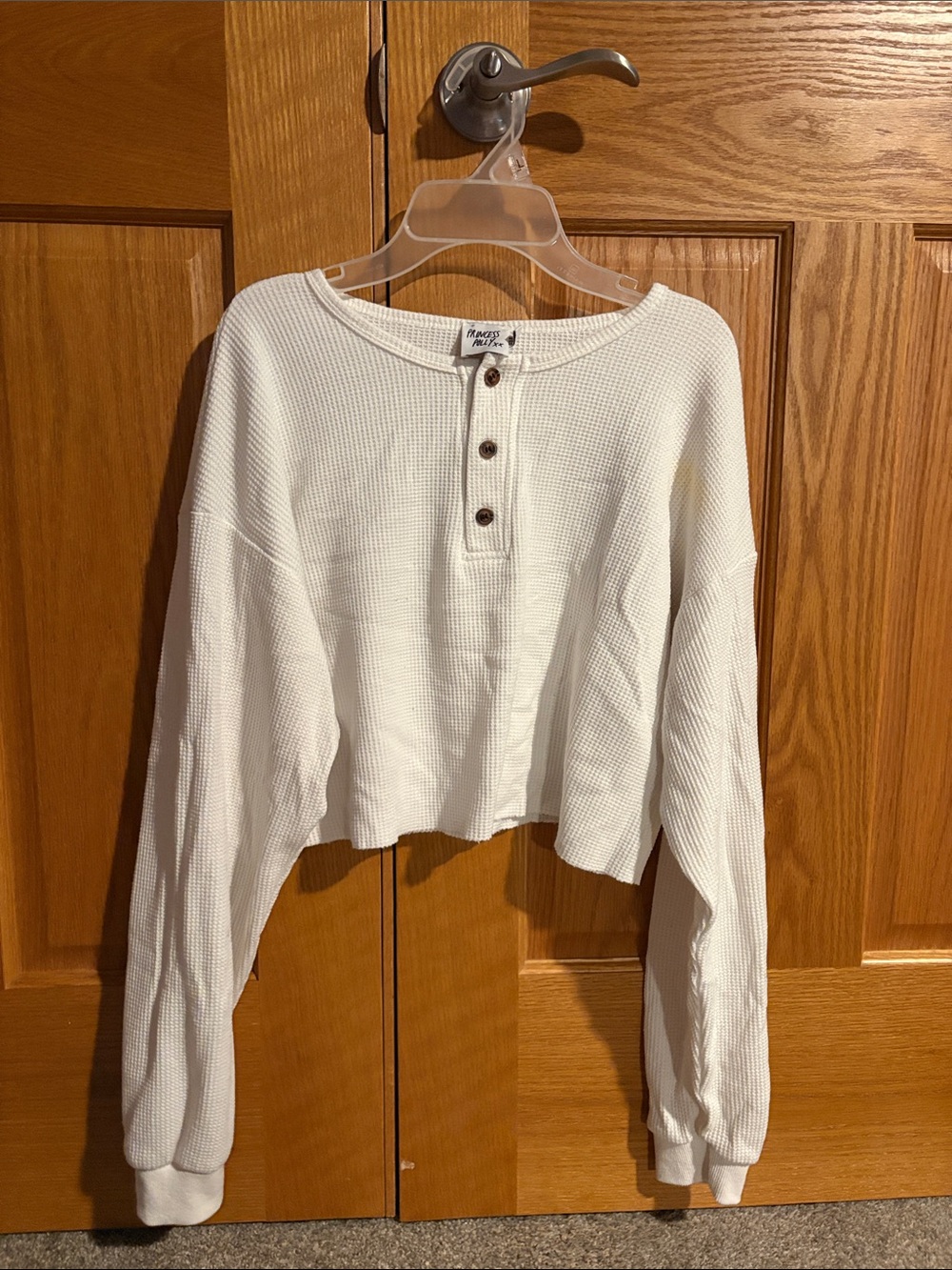 Brandy Melville Off-White Waffle Henley Crop Long Sleeve
